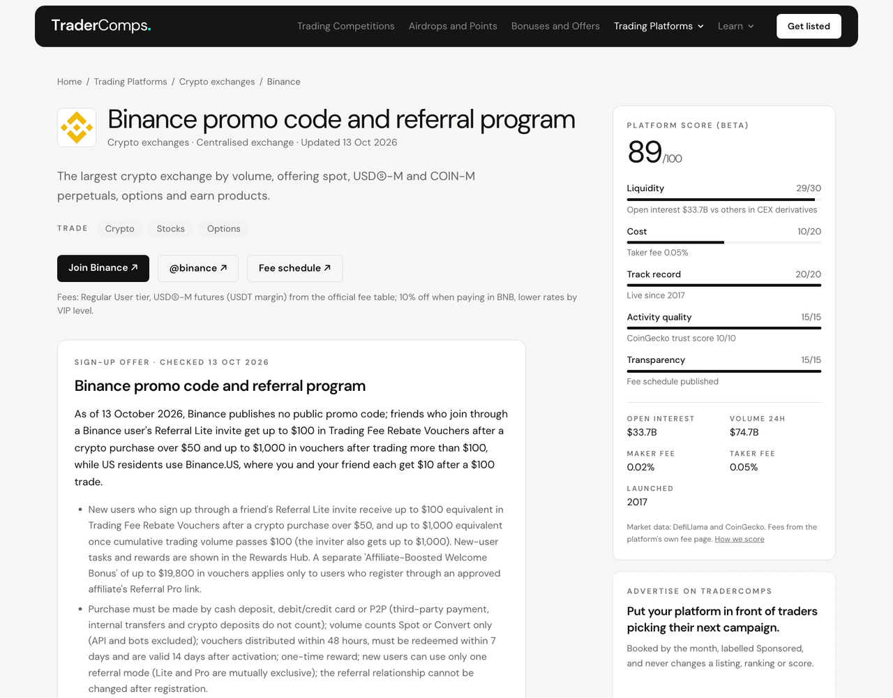 The Binance page on TraderComps: platform score, fees, sign-up offer and live campaigns